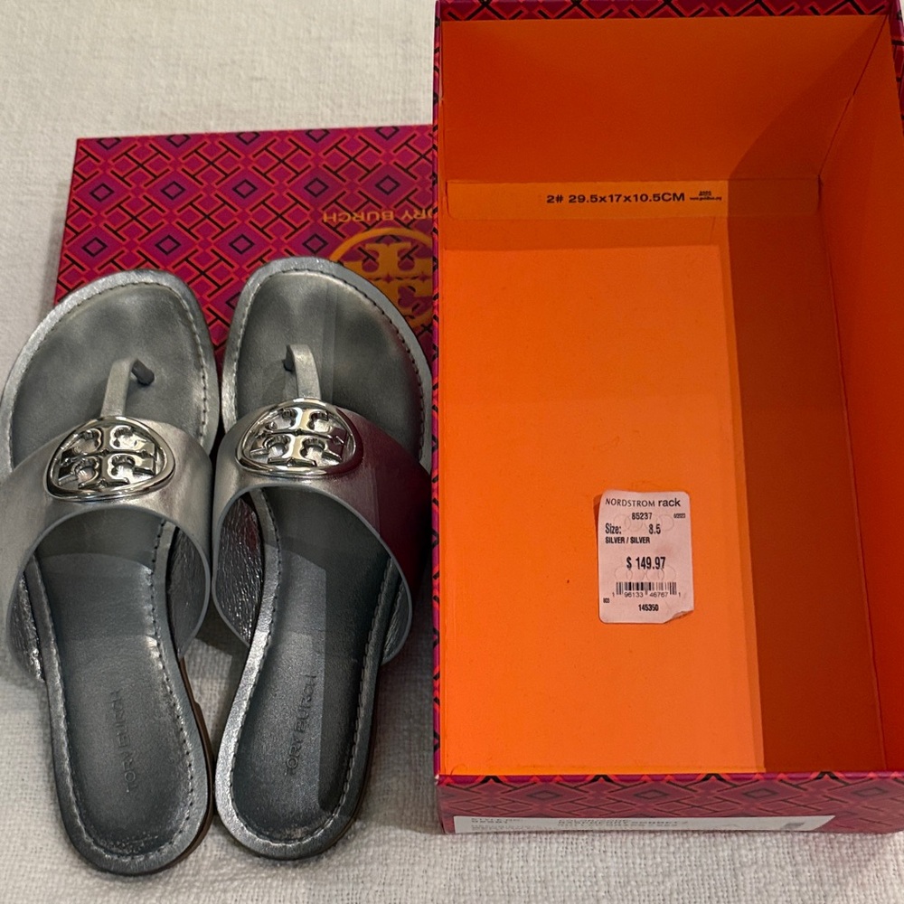 Tory Burch Metallic Silver Slides